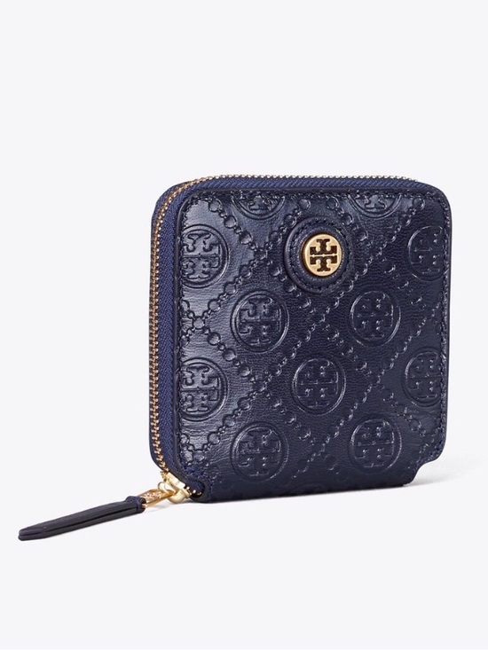 Tory Burch Handbags - Tory Burch Navy Monogram Logo Zip Wallet with Gold Hardware